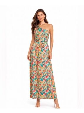 Nicole Miller one shoulder maxi dress w/ slit tropical vibrant rainbow size 8